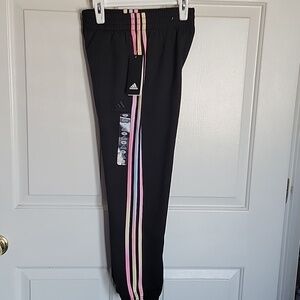 Adidas girls, S(8), black loose fit sweatpants, pastel colored stripes. NWT